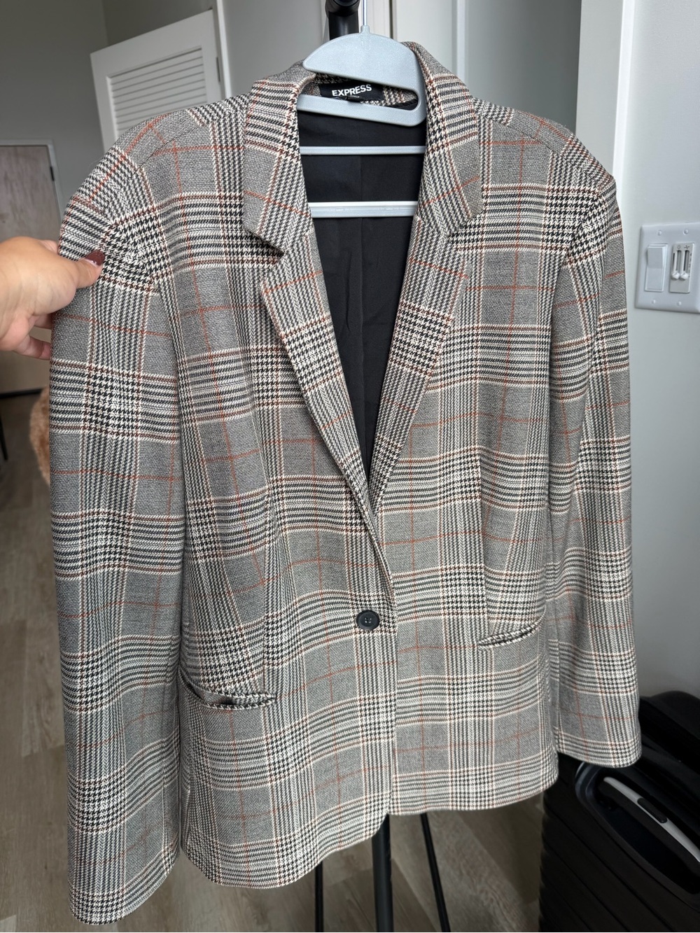 Express Plaid Blazer in Gray with Brown Windowpane  - Fall Look